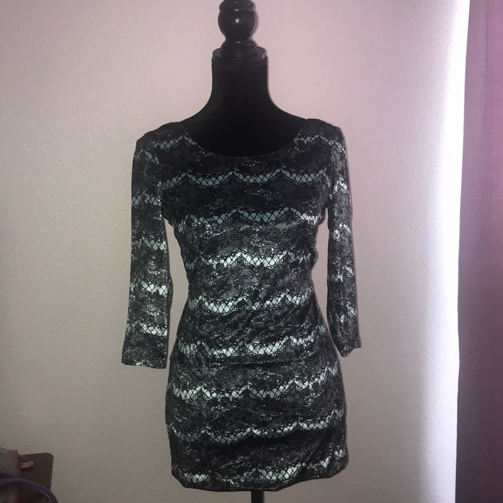 Mini Dress  Teal Black  Openback Sleeved